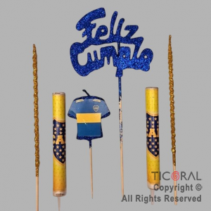 ADORNO DE TORTA SET ESCUDO BOCA JUNIORS VELA CAMISETA 2 VELAS Y 2 BENGALAS x 1